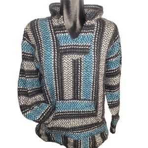 Baja Joe Black and Blue Striped Woven Pullover Hooded Mexican Poncho Sweater M